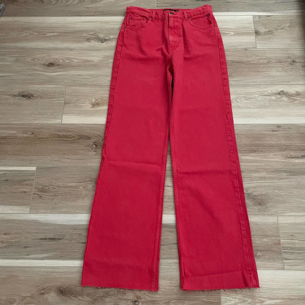 NWT Desigual High Waist Embroidered Heart Straight Jeans sz 8 in red